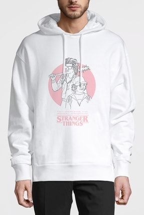 Stranger Things Steve & Dustin Baskılı Beyaz Erkek Örme Kapşonlu Sweatshirt Uzun Kol BGA0533-ERKKP