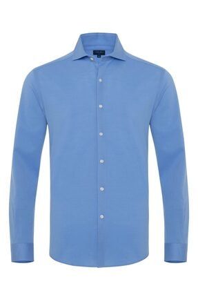 Erkek Mavi Italyan Yaka Örme Slim Fit Gömlek E0121Y14002