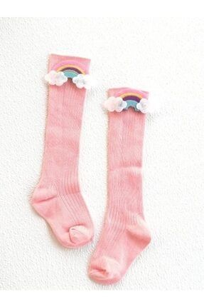 Kız Bebek Ve Çocuk Gökkuşağı Figürlü Pembe Diz Altı Çorap ( 1-4 Yaş) 5öz-diz-fgrl