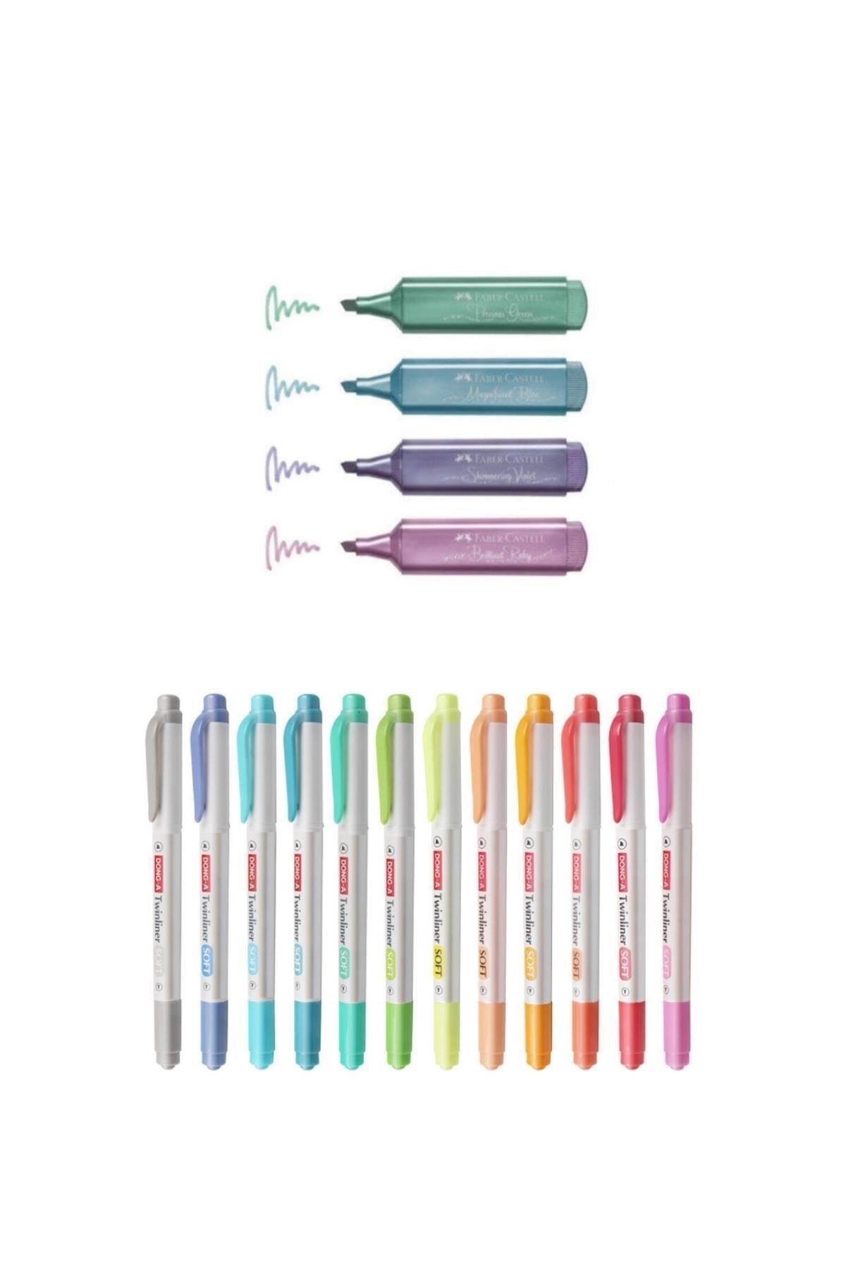 Faber Castell Metalik Işaretleme Kalemi 2021 4 Yeni Renk Ve Dong-a Twinliner Soft 12 Renk Fosforlu Set