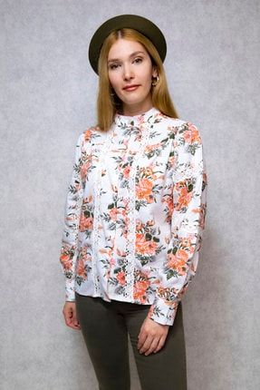 Kadın Beyaz Çiçek Desenli Keten Bluz CCR05-DKG