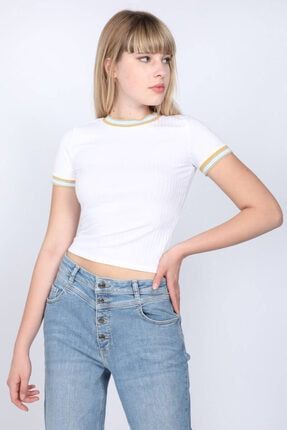 Kadın Beyaz Ribanalı Fitilli T-shirt C11390