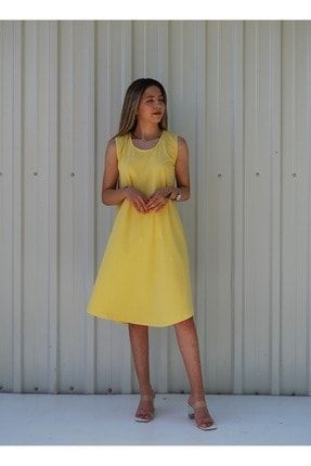 Kadın Sarı Kolsuz Düz Renk Çan Etek Elbise MGSDKELB03