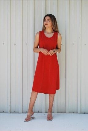 Kadın Simli Kırmızı Kolsuz Düz Renk Çan Etek Elbise MGSDKELB04