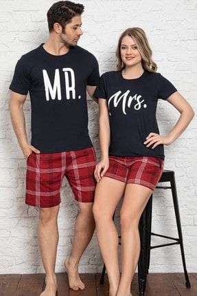 Kadın Mrs Baskılı Kısa Kollu Lacivert T-shirt Ve Ekose Şort Pijama Takım 6620-6 BS-PİJ-6620-Kadın-aü