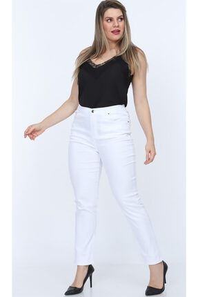 Kadın Kırık Beyaz Beli Lastikli Büyük Beden Pamuk Pantolon DML1341yp