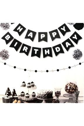 Siyah Üstüne Gümüş Gri Yaldızlı Happy Birthday Yazılı Doğum Günü Partisi Karton Ipli Yazı Banner HUZURPARTYHBSIYAHYALDIZLI