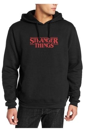 Erkek Siyah Stranger Things Logo Baskılı Uzun Kol Örme Kapşonlu Sweatshirt RF0545-ERKKP