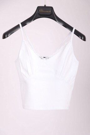 Kadın Beyaz Dantel Detaylı Kısa Slim Fit Pamuk Bustiyer T-shirt TYC00150947176