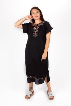 Kadın Siyah Şile Bezi Nakışlı Kısa Kol Elbise 0101