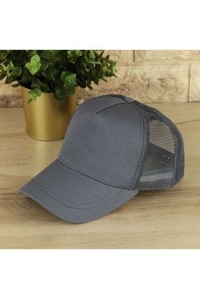 Gri Yazlık Fileli Düz Renk Arkası Ayaralanabilir Şapka SPK289