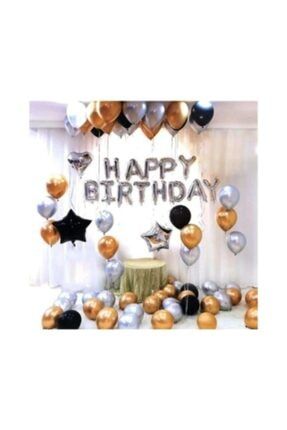 Gümüş Happy Birthday Yazılı Doğum Günü Balonu Kombini Gold Konsept ytskngold