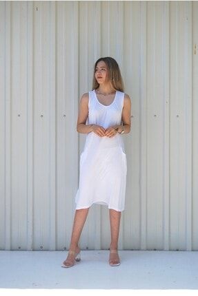 Kadın Beyaz Cep Detaylı Büyük Beden Elbise MGSTCEP03