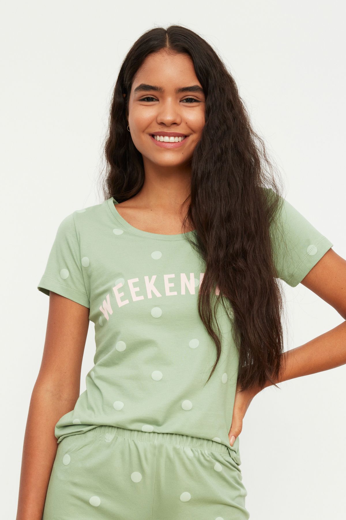 Trendyol Collection-Mint Polka Dot Shorts Knitted Pajamas Set Thmss20Pt0215 2