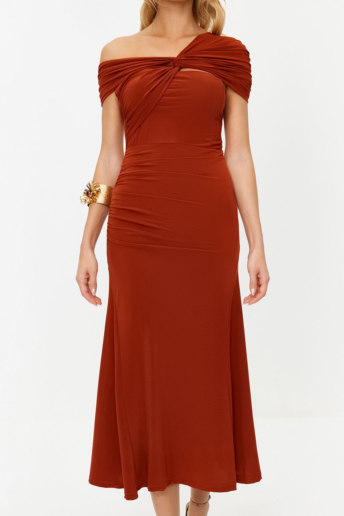 Trendyol Collection-Tile Asymmetric Collar Knitted Stylish Evening Dress Night Graduation Dress Tprss24El00046 7