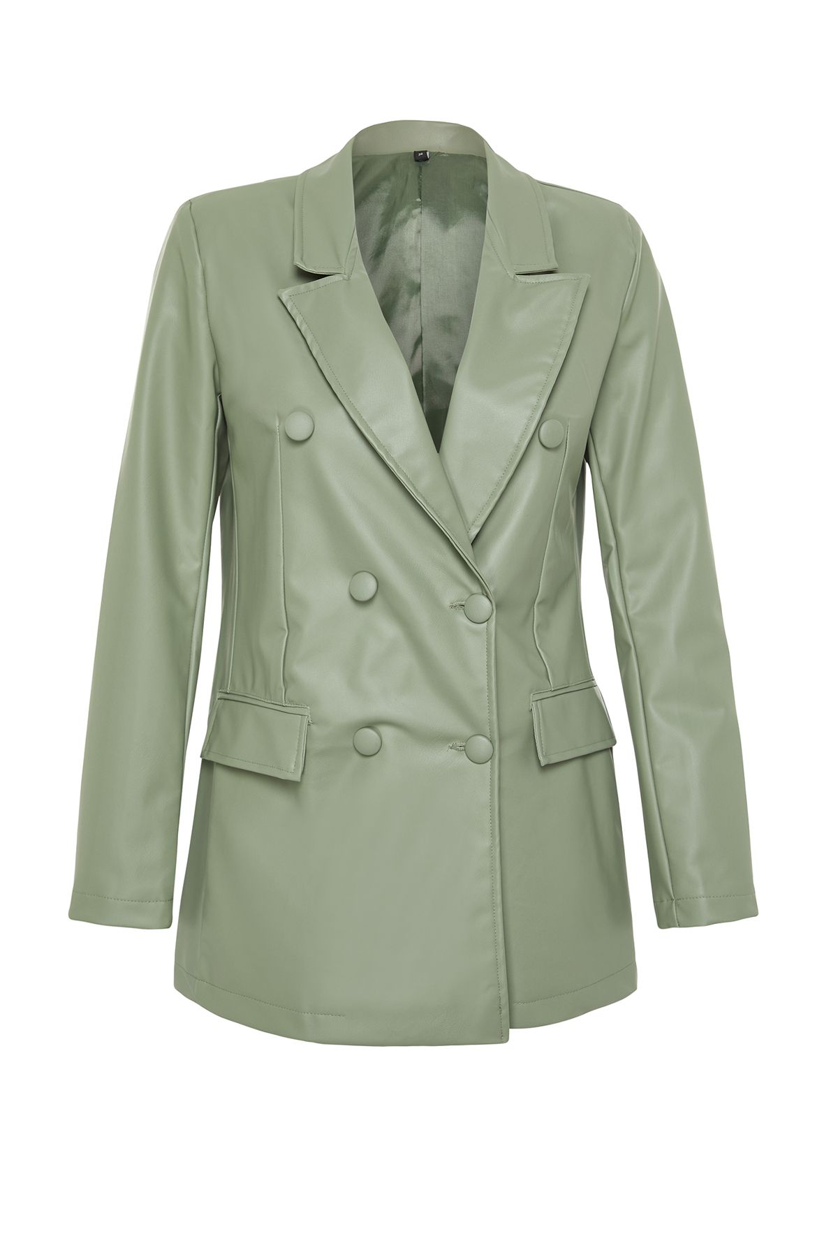 Trendyol Collection-Mintfarbener zweireihiger Blazer mit gewebtem Futter aus Kunstleder TWOAW21CE0156 7