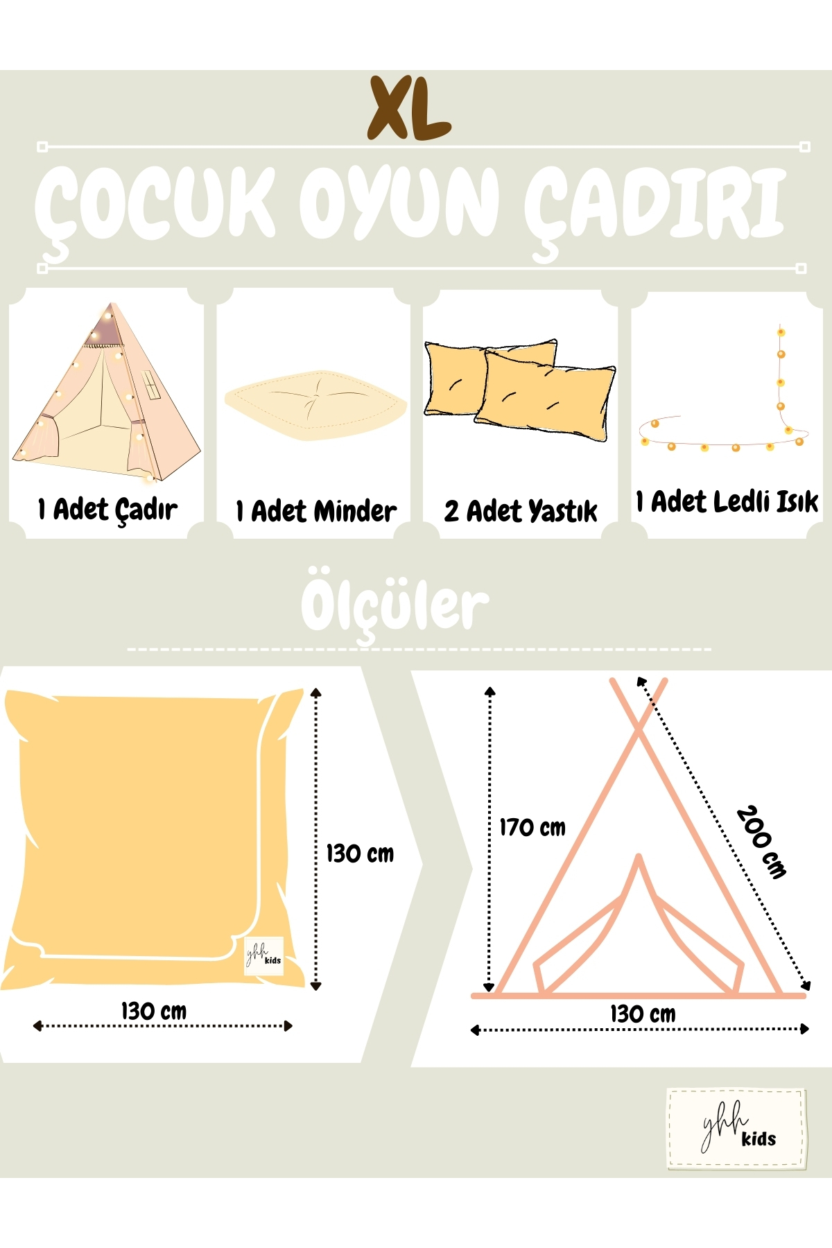 YHH Kids GrandeTent XL Çocuk Oyun Çadırı LED Işıklı Kızıldereli Çadırı Oyun Evi Minder ve Yastıklı fotoğrafı 4 (önizleme)