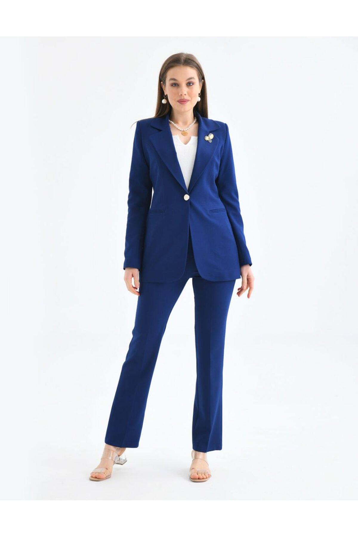 nodilife Broş Detay Gold Düğmeli Atlas Takım Elbise Lacivert