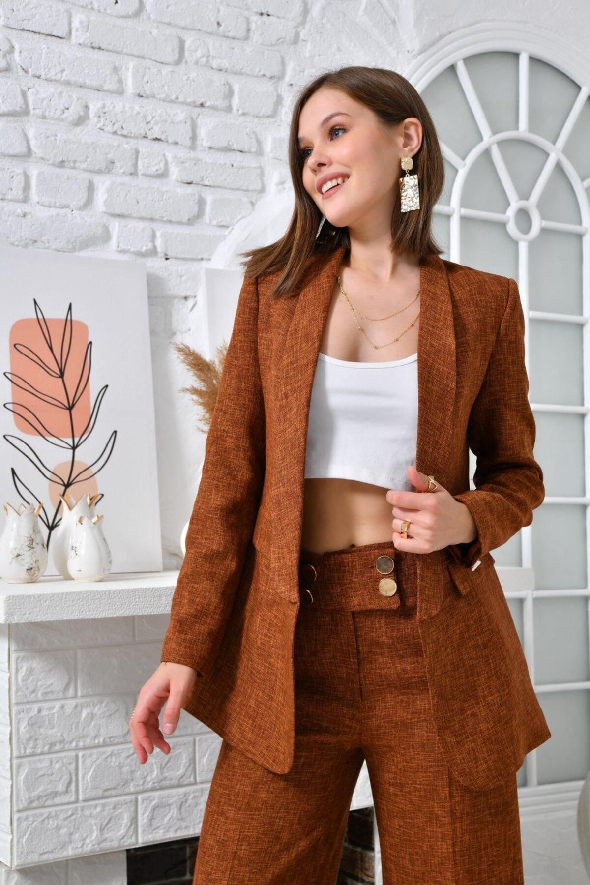 nodilife-Tuxedo Jacket 4 Button Casual Trousers Suit Cinnamon 2