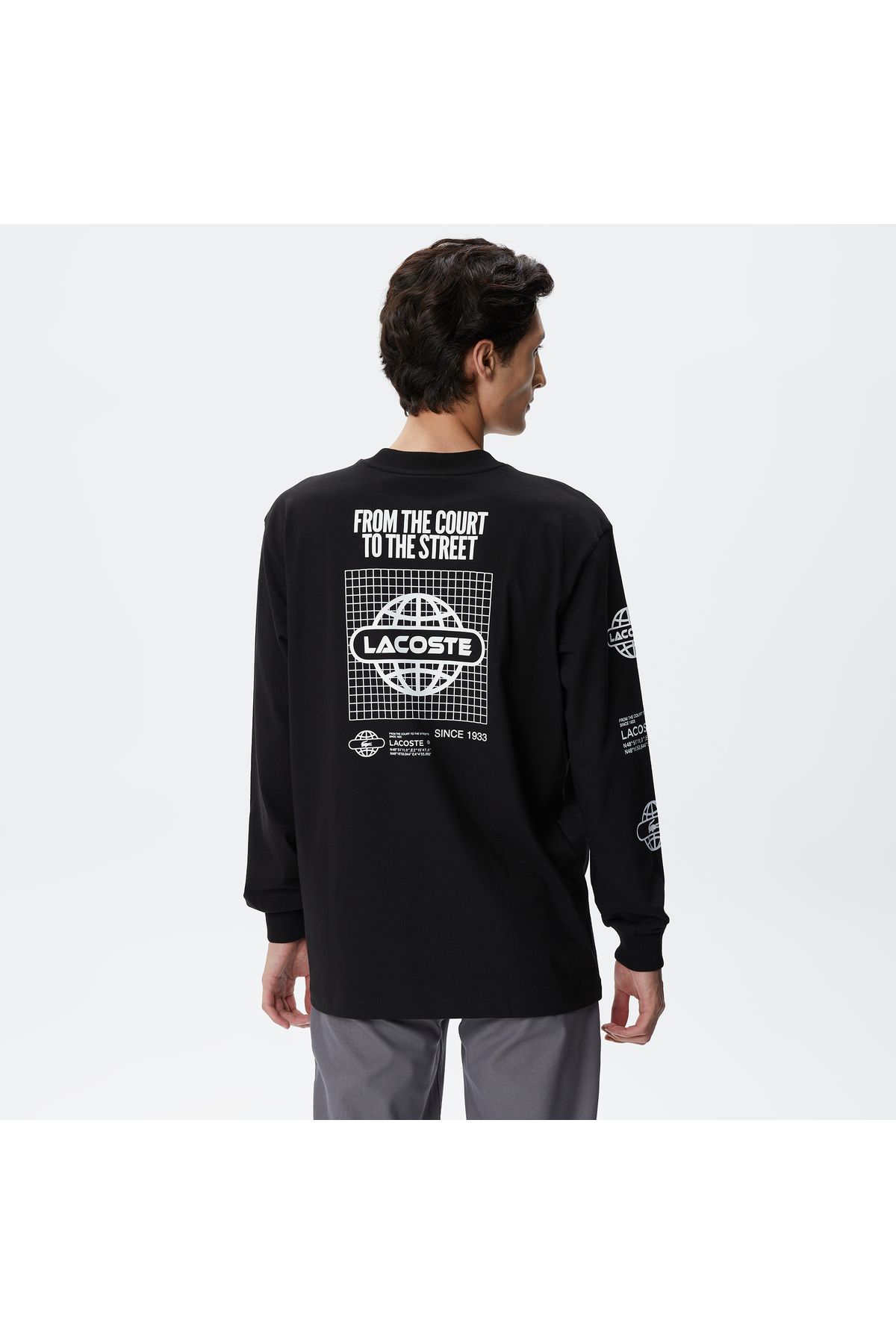 Lacoste دوچرخه سواری آستین بلند و آرام مردانه چاپ شده تی شرت مشکی