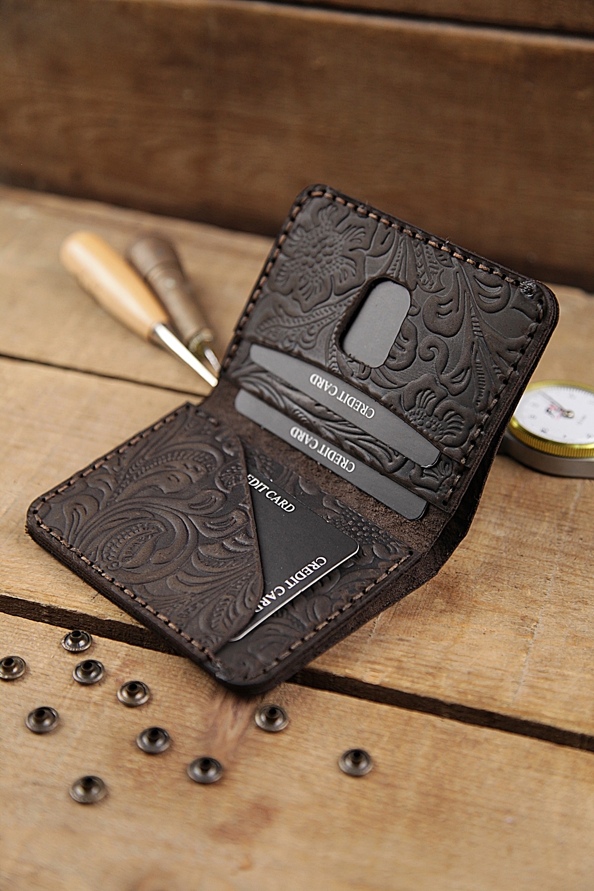 New Coast Leather 1900's Hakiki Deri El Yapımı Desenli Erkek Cüzdanı