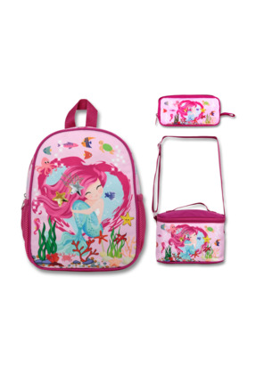 Famebag Pembe Deniz Kızı AnaOkul Çantası Beslenme ve Kalem Çantası Seti