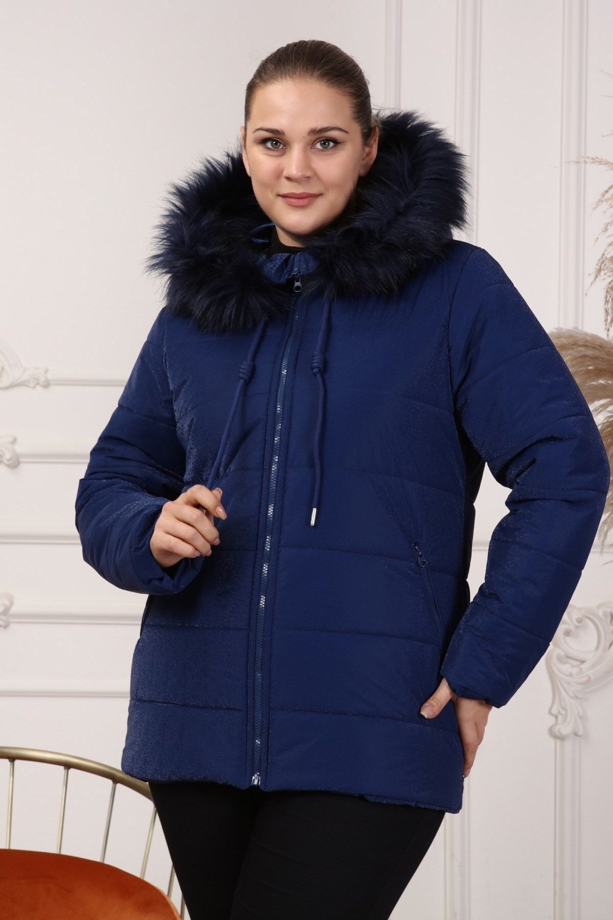 Rmg Plus Size Navy Blue Coat with Fur Hood Trendyol