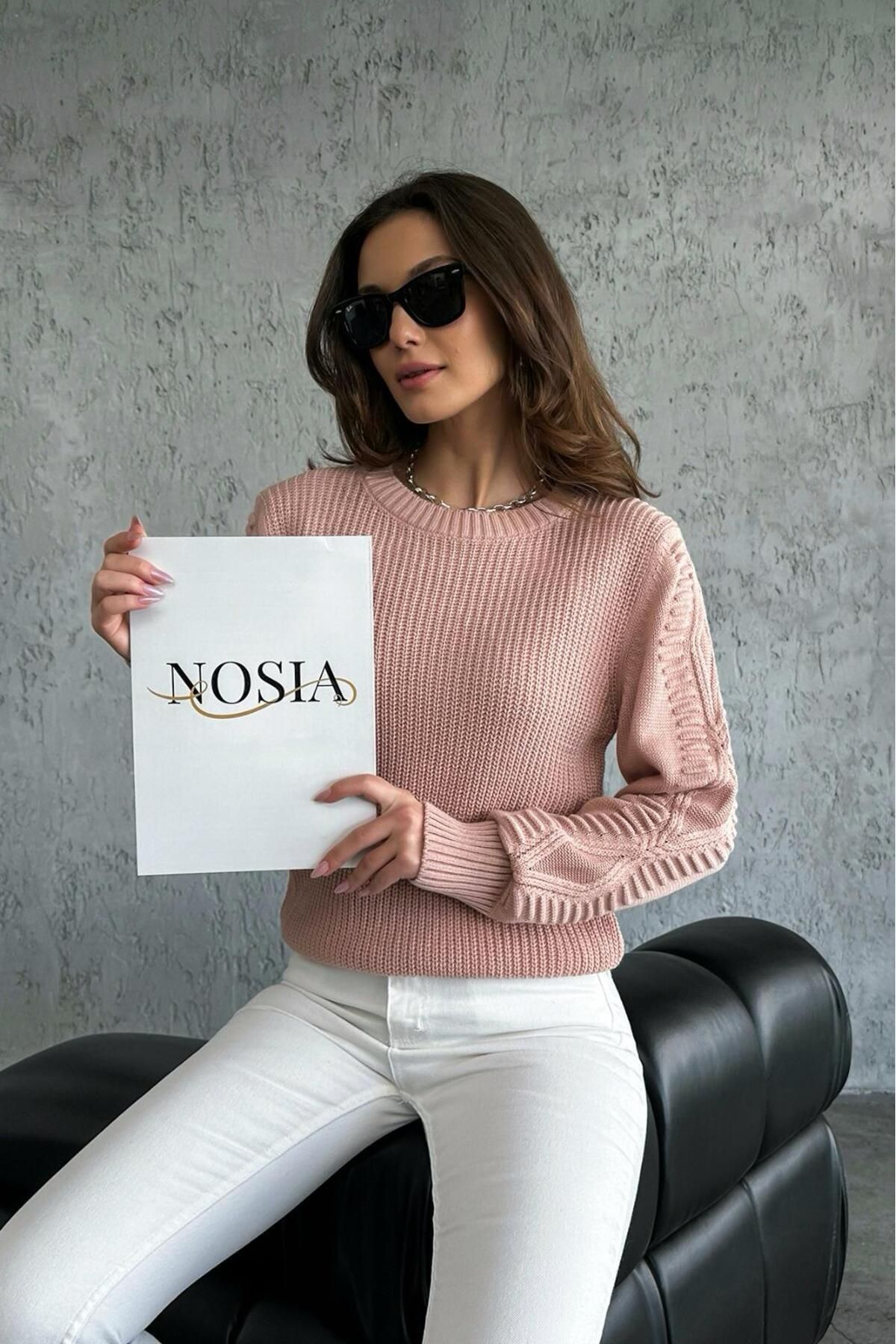 Nosia-Long Sleeve Women's Knitwear Sweater with Embossed Patterned Sleeves 5
