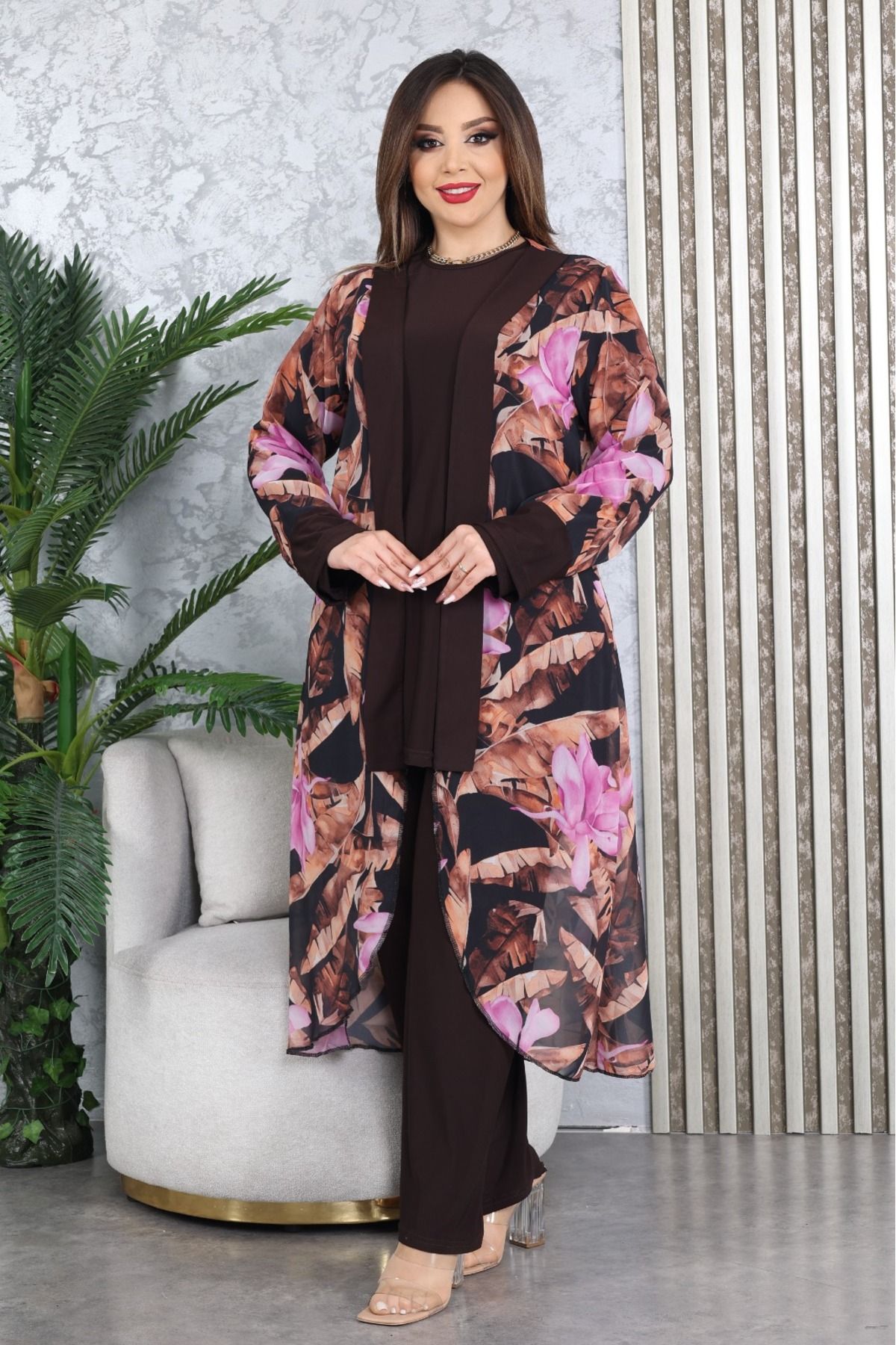 Modamix 3 Piece Set Printed Chiffon Cardigan Tunic Trousers code