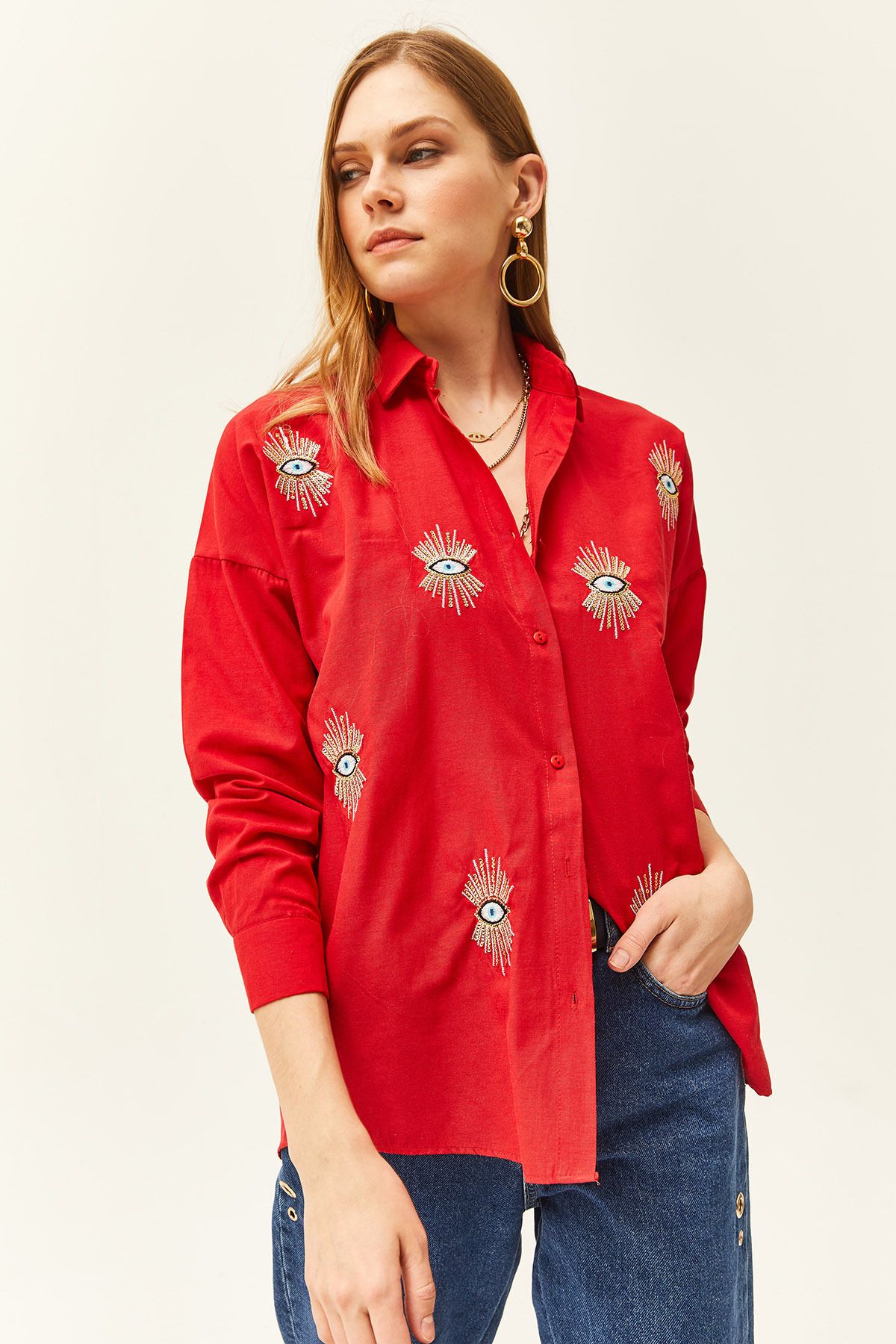 Olalook-Woman's Red Sequin Detailed Woven Boyfriend Shirt GML-19000992 3