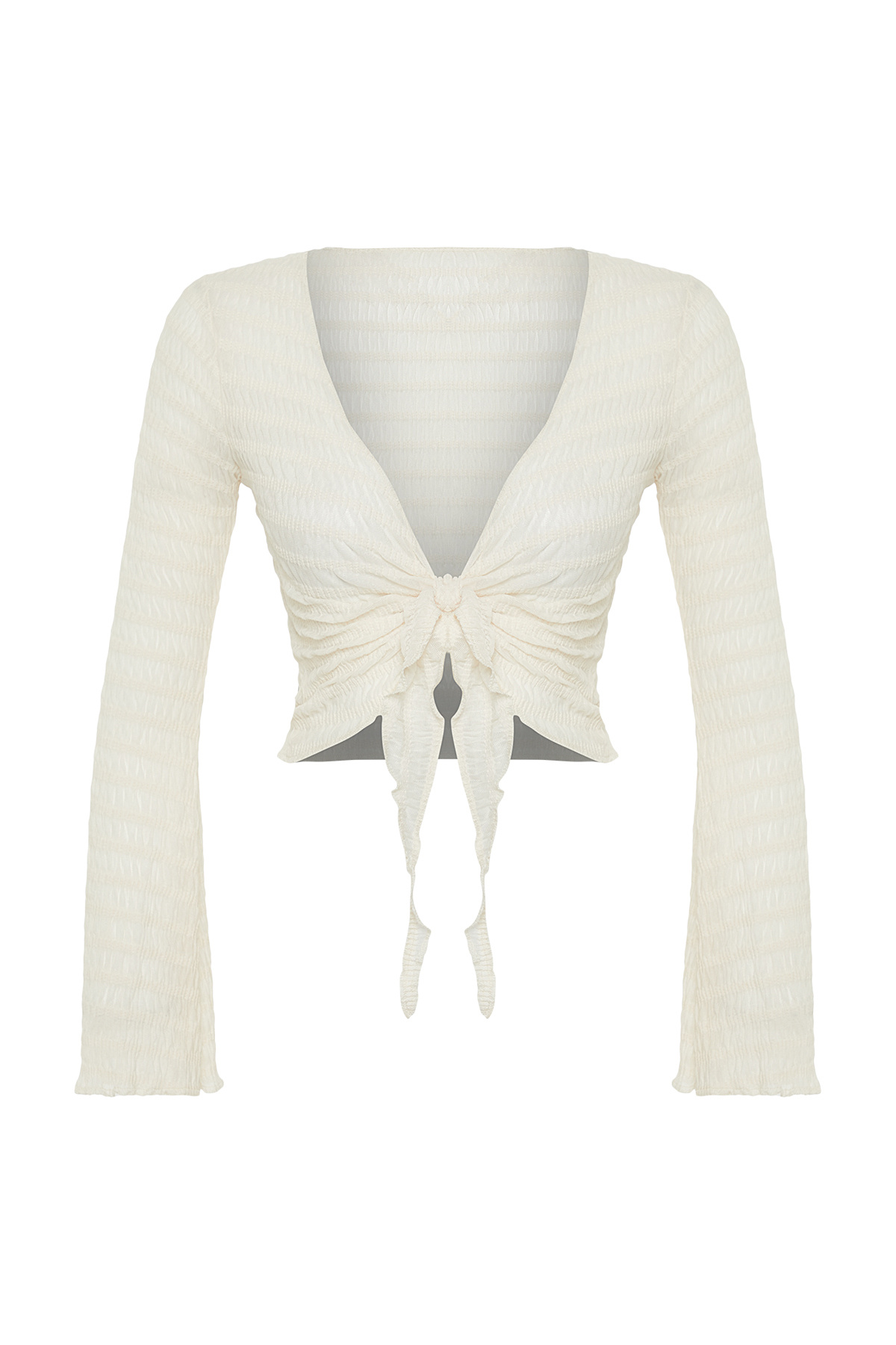 Trendyolmilla  Ekru Dokulu Fitted/Vücuda Oturan Bağlama Detaylı Esnek Örme Bluz TWOSS24BZ00015 - Görsel 9