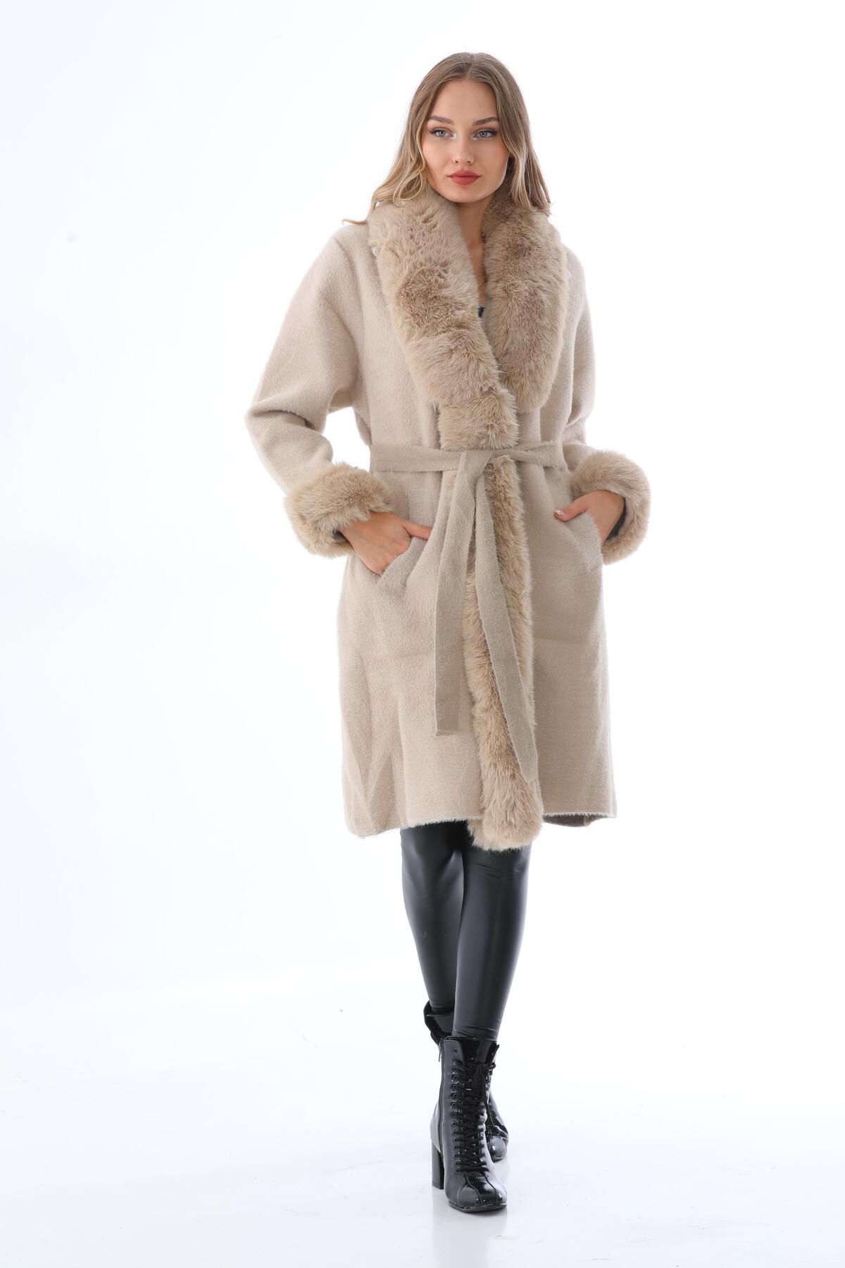 Bohem Stil Pula Collar Sleeves Full Fur Long Angora Coat 110 CM