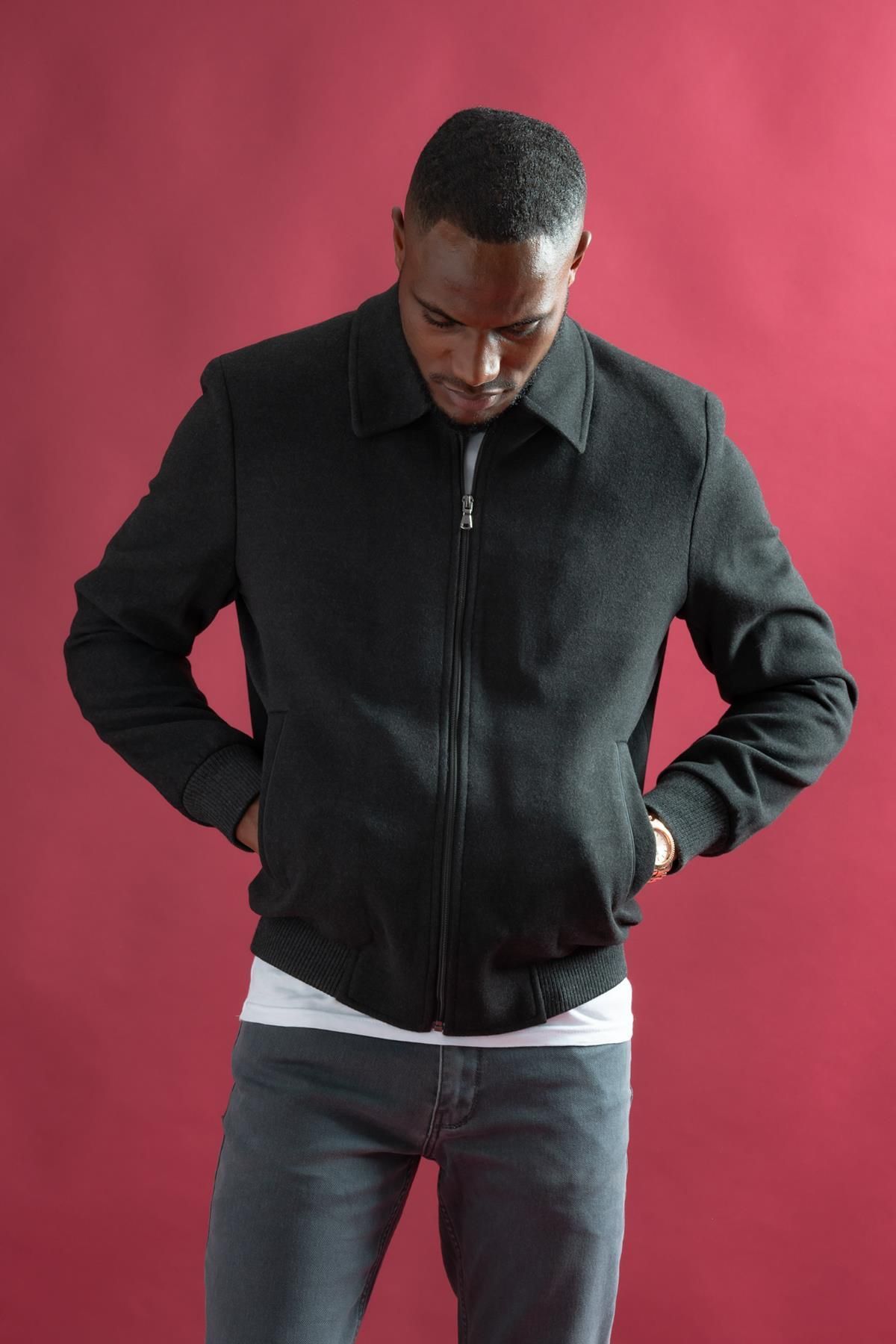 AK AYLAR Regular Fit Collar Zipper Closure Side Pockets Lined Cashmere Men s Coat with Elastic Waist