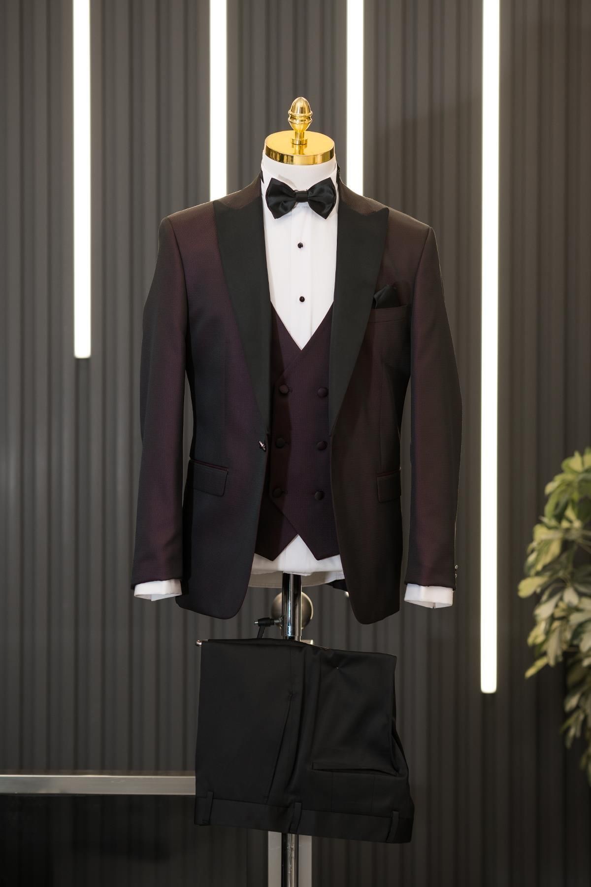 AKÇAYLAR-Regular Fit Dobby Pointed Collar (Removable Collar) Vest and Bow Tie Tuxedo Suit 1
