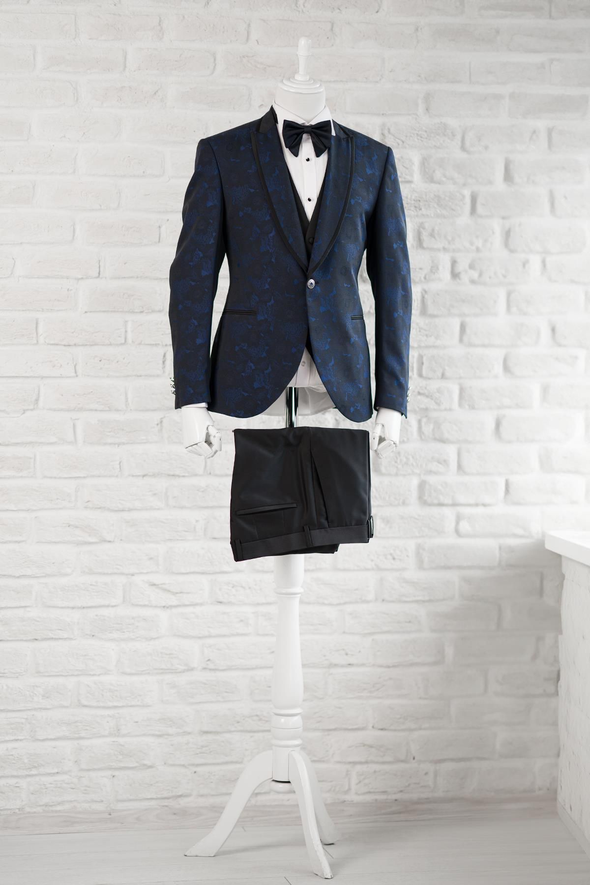 TORRES-Shawl Patterned Swallow Collar (collar Fixed) Double Slit Regular Fit Single Button Tuxedo Suit Hand 1