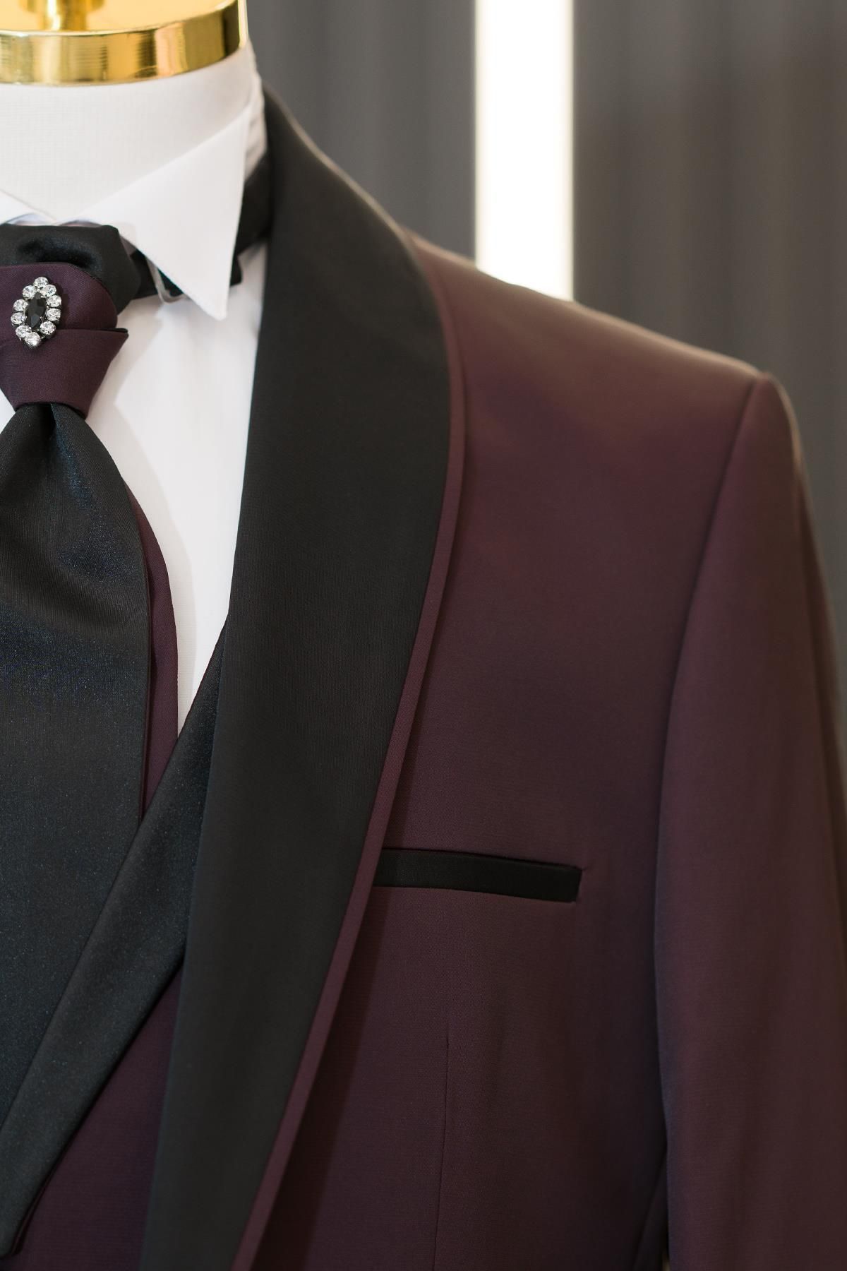 AKÇAYLAR-Regular Fit Shiny Lapel Shawl Lapel Collar Shiny Fabric Vest Flared Tuxedo Suit 3