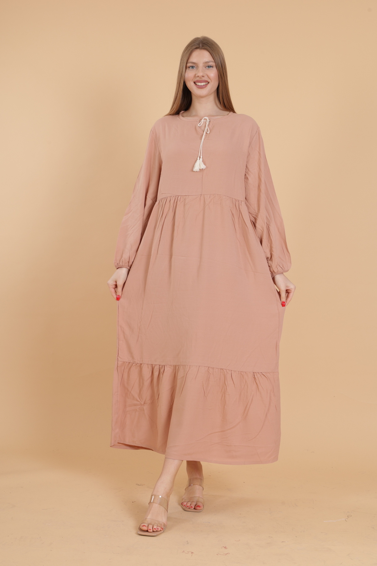 mervemoda Women's Powder long sleeve full length Burgundy woven dress