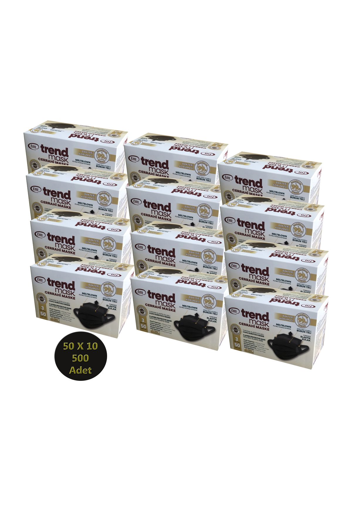 TRENDMASK Yumuşak Elastik Kulaklı Maske 50'li 10 Paket 500 Adet (Siyah)