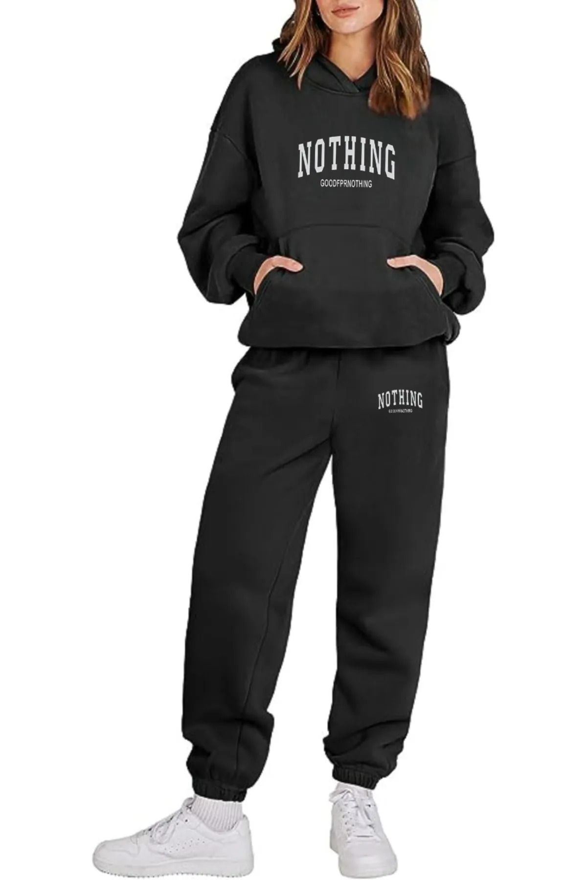 Eşofman Takımı - Baskılı Takım Jogger Sweatshirt Lastik Paça Kapüşonlu