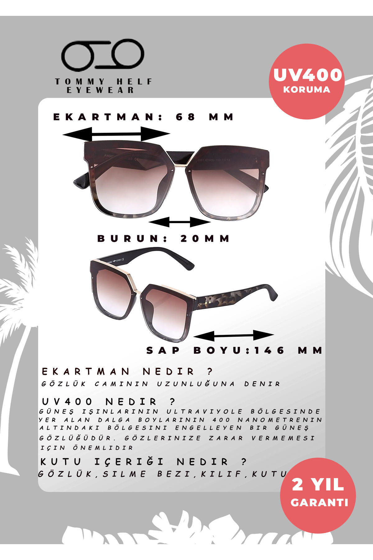 Kadın Güneş Gözlüğü Geniş Leopar Çerçeve Kahverengi Cam T-2789X3 - 