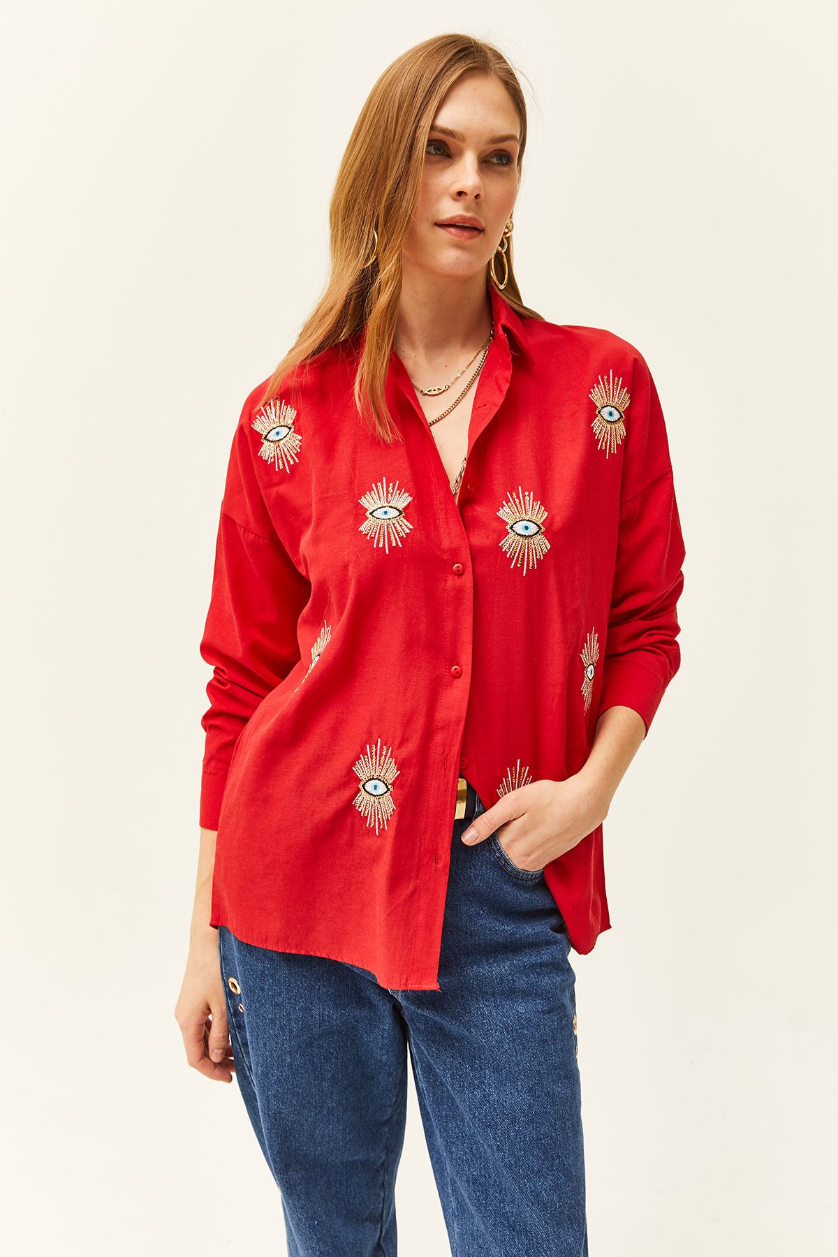 Olalook-Woman's Red Sequin Detailed Woven Boyfriend Shirt GML-19000992 4