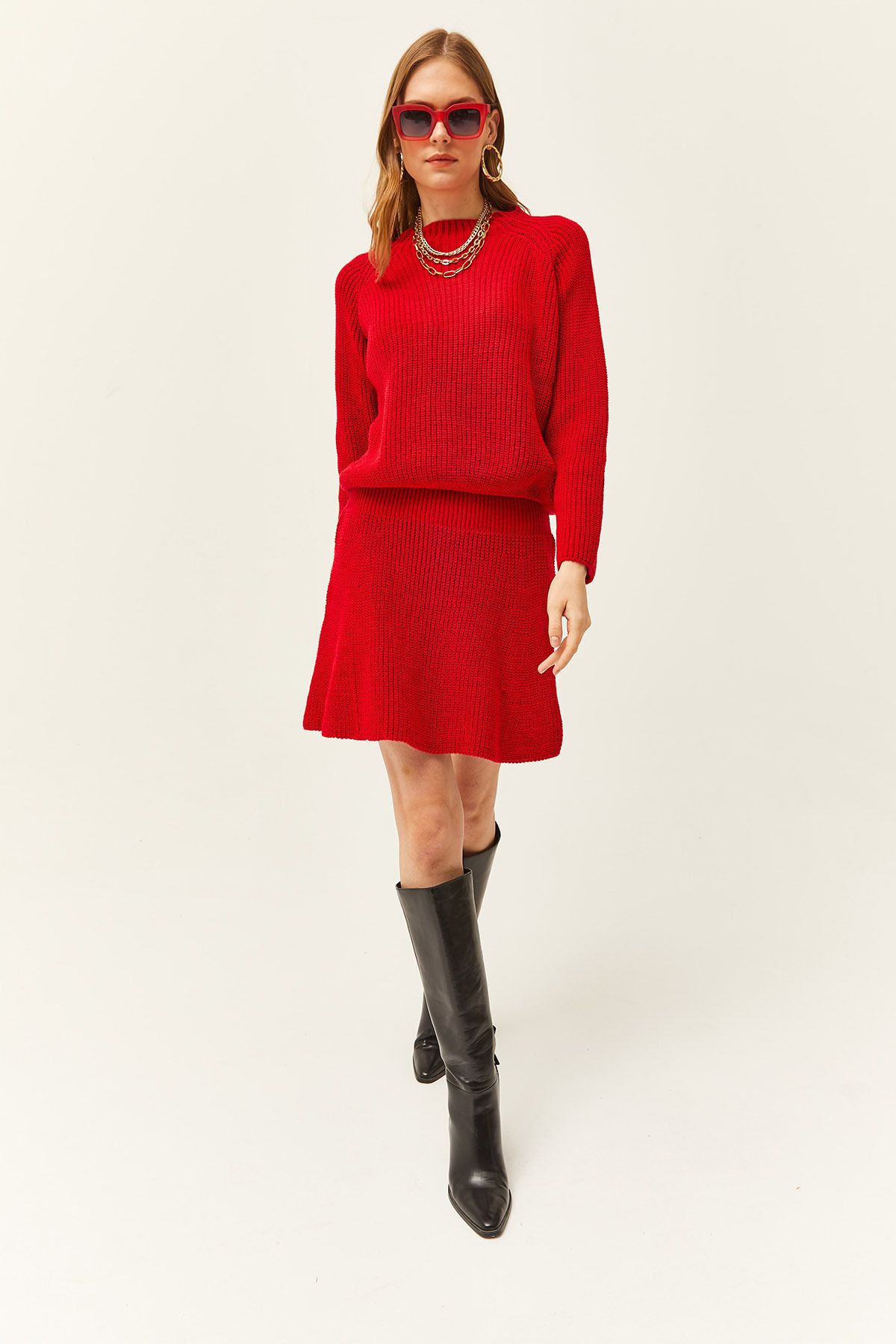 Olalook-Rotes Oberteil für Damen, Sweatshirt, Unterteil, Minirock, Strickanzug, TKM-19000248 2