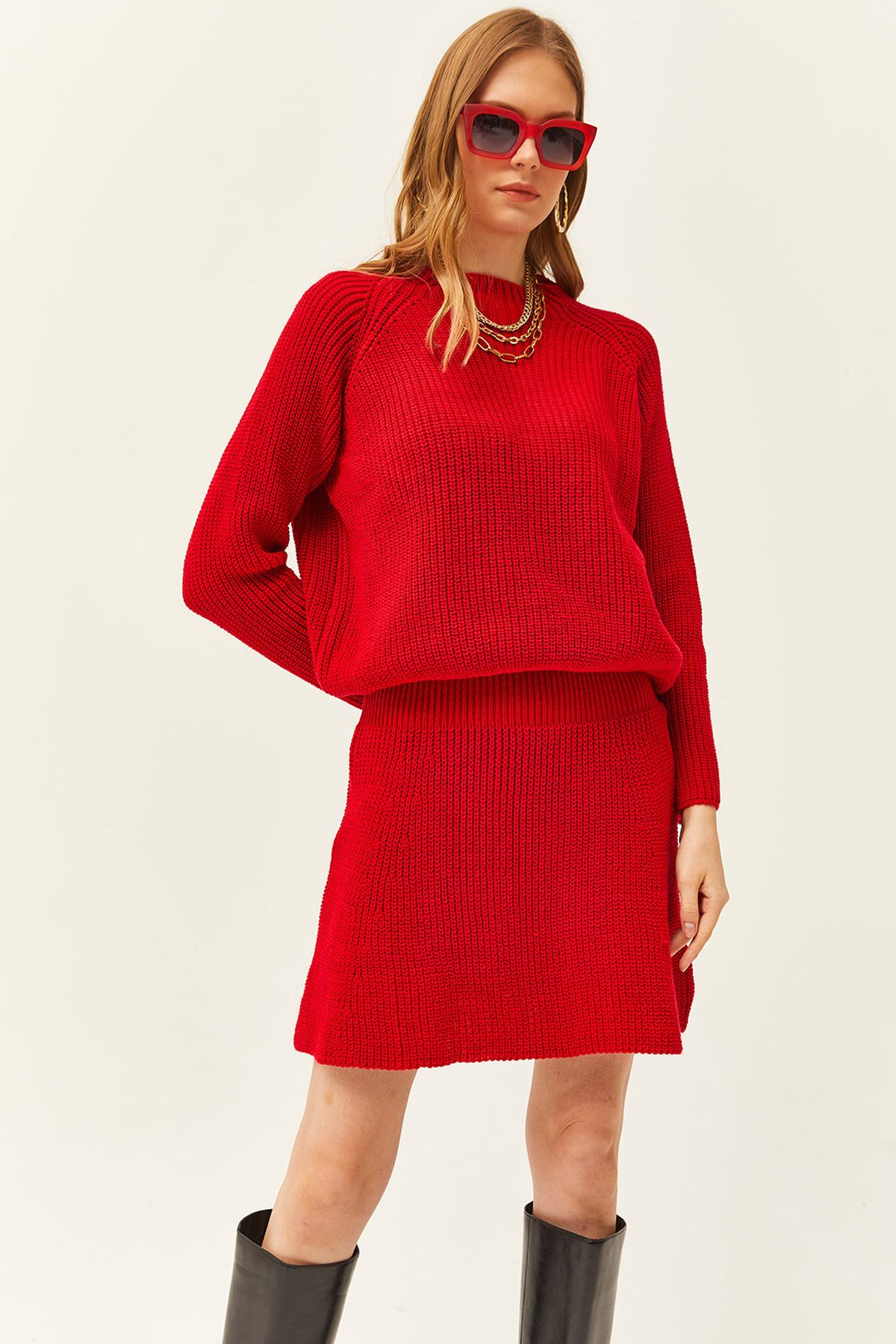 Olalook-Rotes Oberteil für Damen, Sweatshirt, Unterteil, Minirock, Strickanzug, TKM-19000248 1