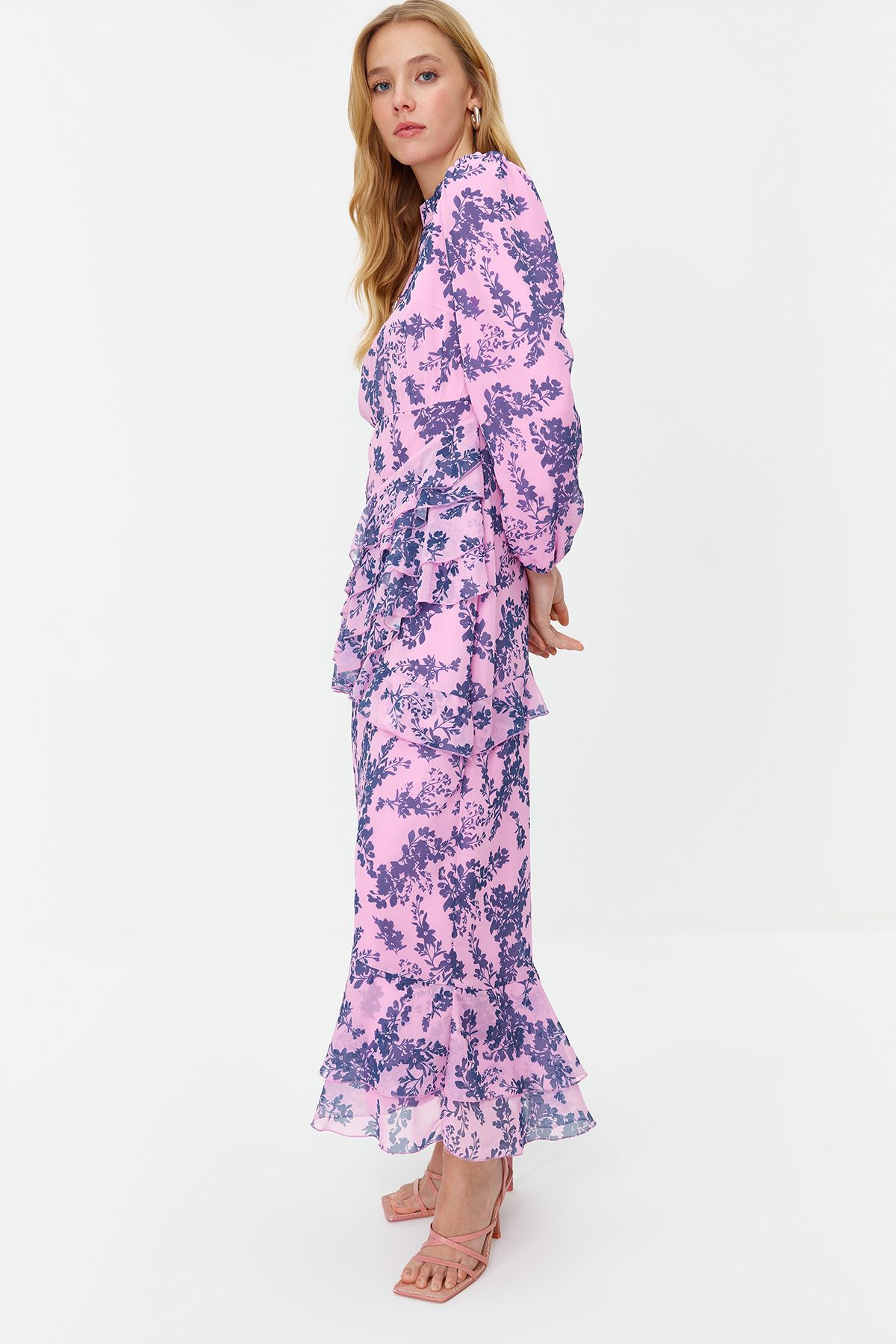 Trendyol Modest-Lilac Floral Skirt Ruffled Lined Woven Chiffon Dress TCTSS23EB00160 6