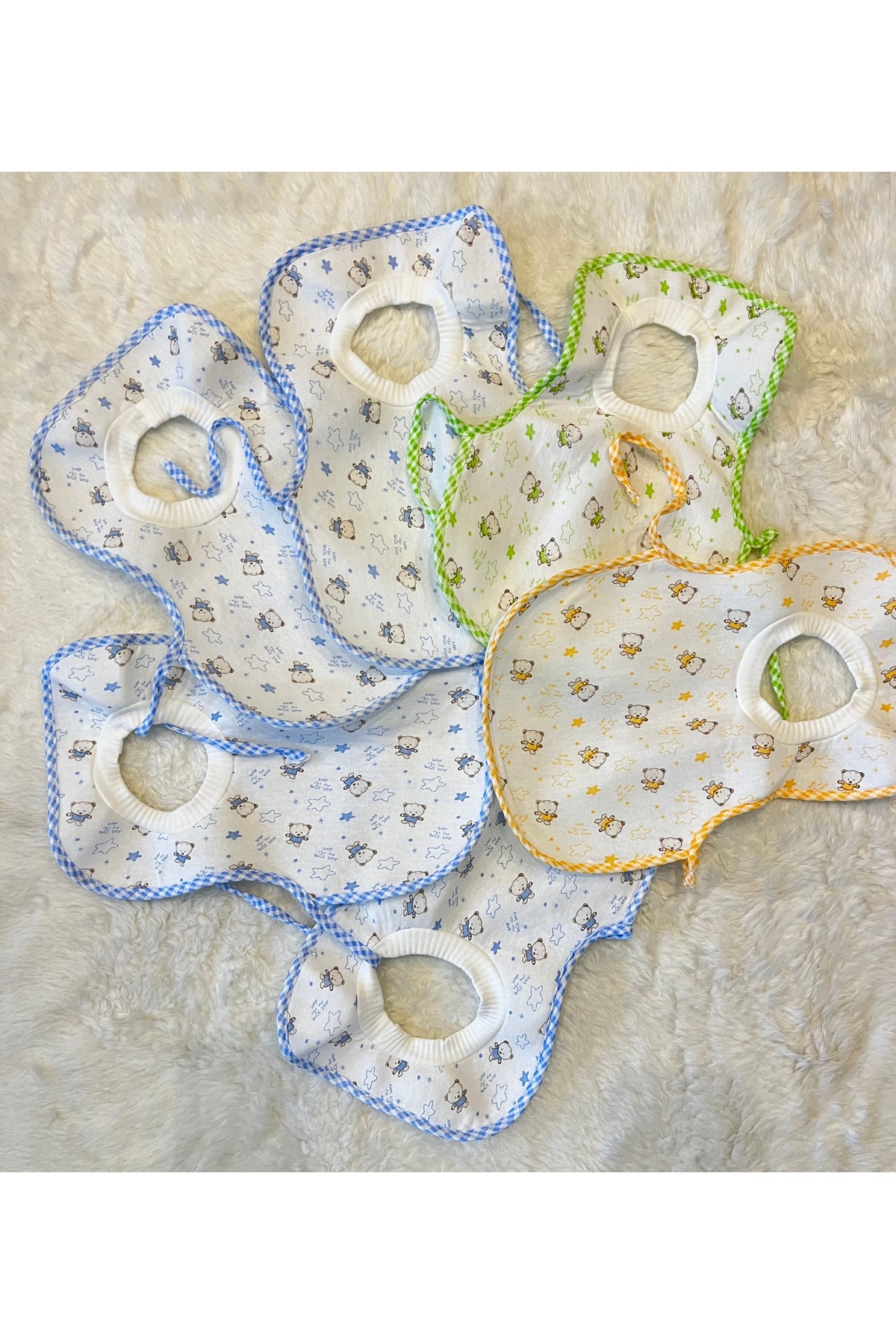 anne dokunuşu gibi KUZUM BEBE 6’lı Ayıcıklı Sıvı Geçirmez Boyundan Geçmeli Kız Erkek Bebek Çocuk Büyük Önlük