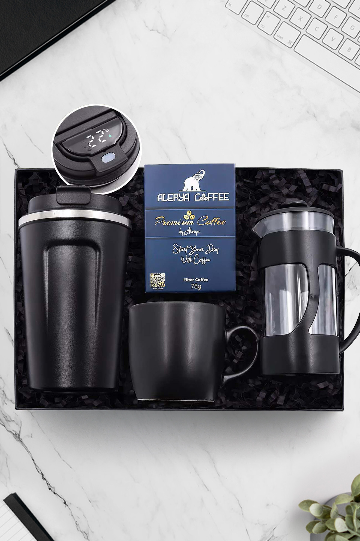 Trendmiya Siyah Dereceli 350ml Çelik Termos & Siyah French Press-Siyah Kupa & Premium Filtre Kahve Hediye Seti