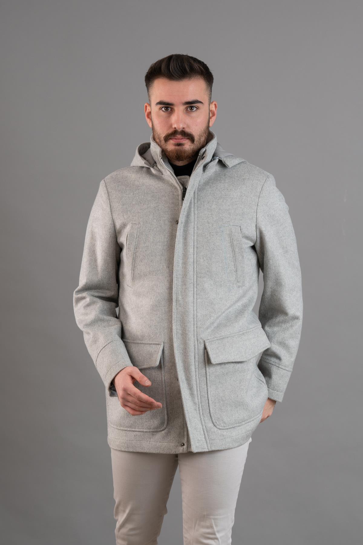 Kapşonlu Fermuar Kapamalı Regular Fit Erkek Kaşe Kaban — خاکستری SR741111 — تصویر 5 از 7