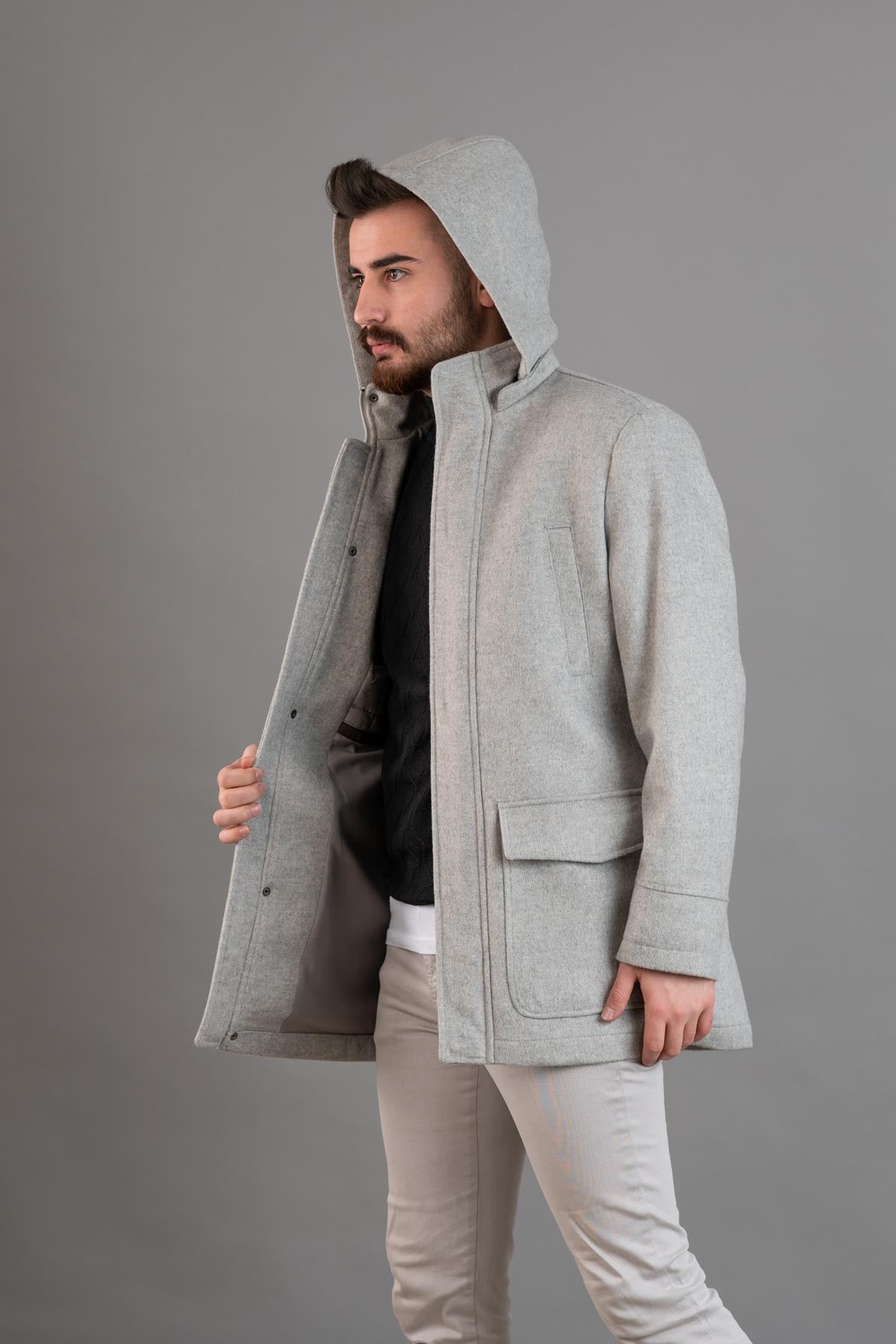 Kapşonlu Fermuar Kapamalı Regular Fit Erkek Kaşe Kaban — خاکستری SR741111 — تصویر 4 از 7