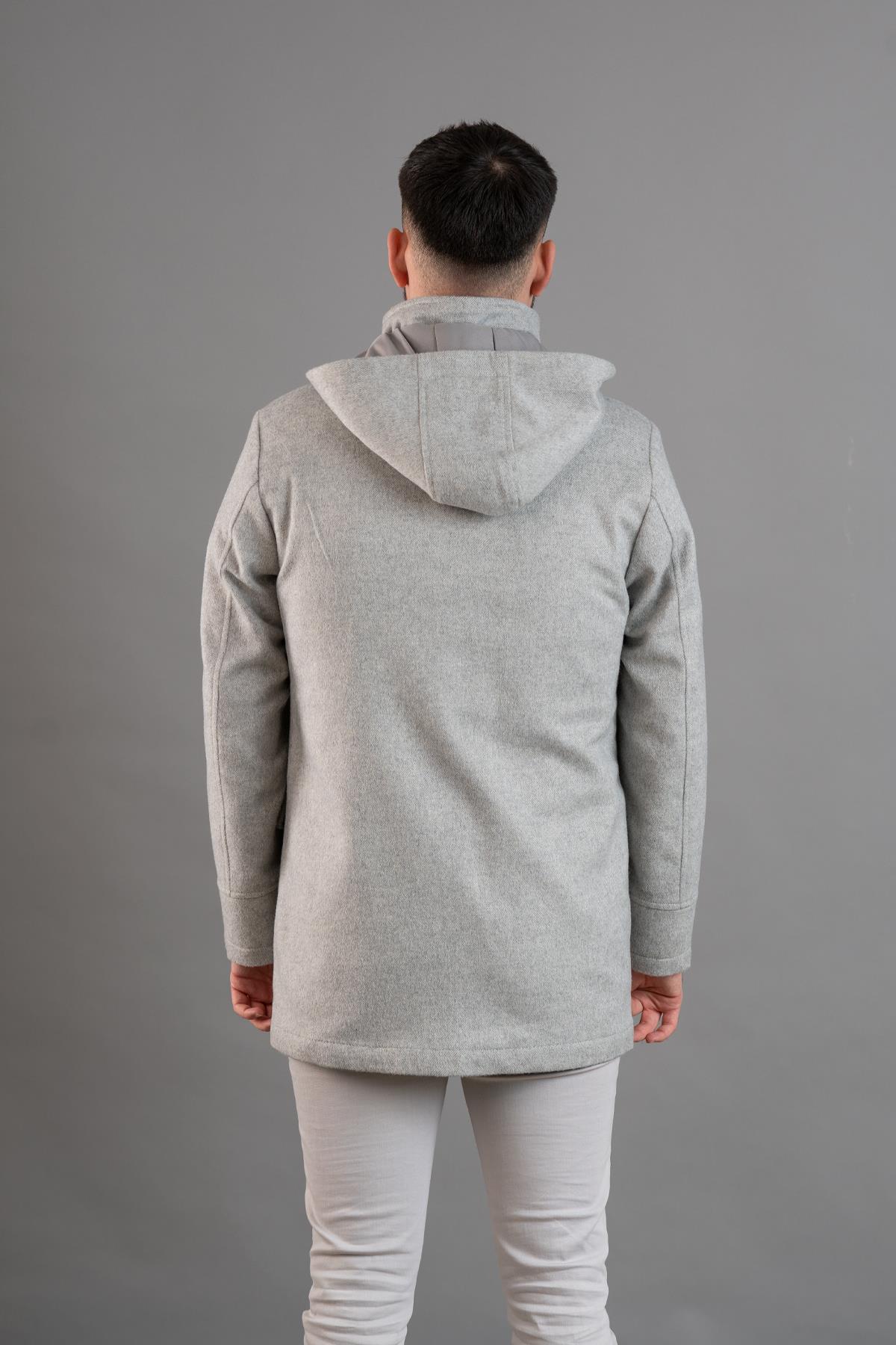 Kapşonlu Fermuar Kapamalı Regular Fit Erkek Kaşe Kaban — خاکستری SR741111 — تصویر 6 از 7
