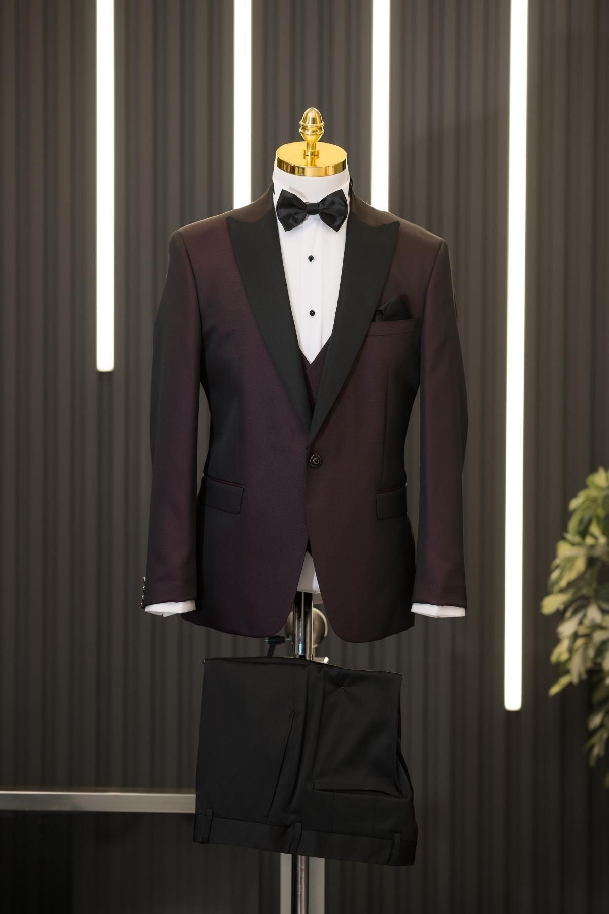 AKÇAYLAR-Regular Fit Dobby Pointed Collar (Removable Collar) Vest and Bow Tie Tuxedo Suit 2